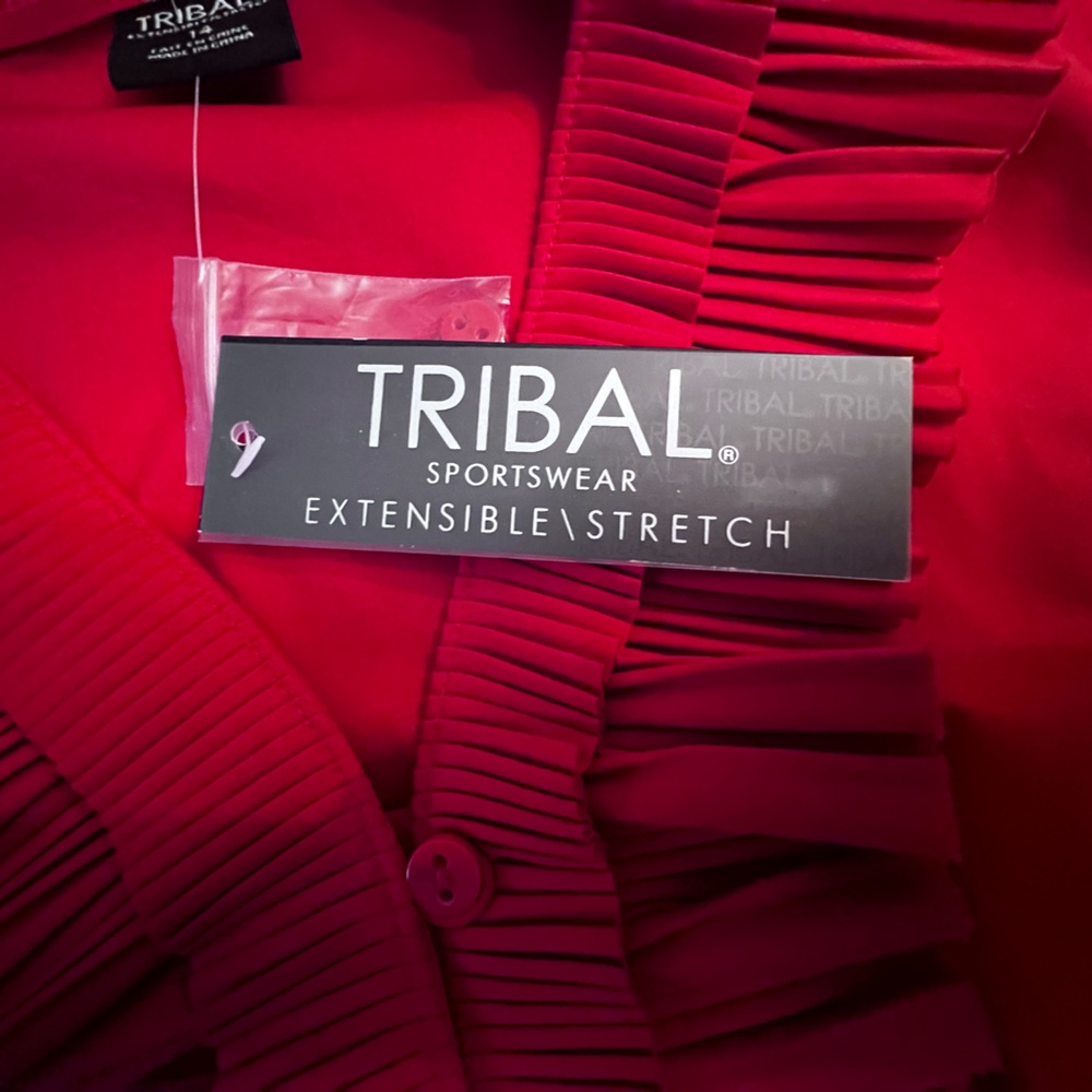 Tribal Ruffle Neck Red Shirt Blouse Sleeveless Classic Top Office - Picture 7 of 11